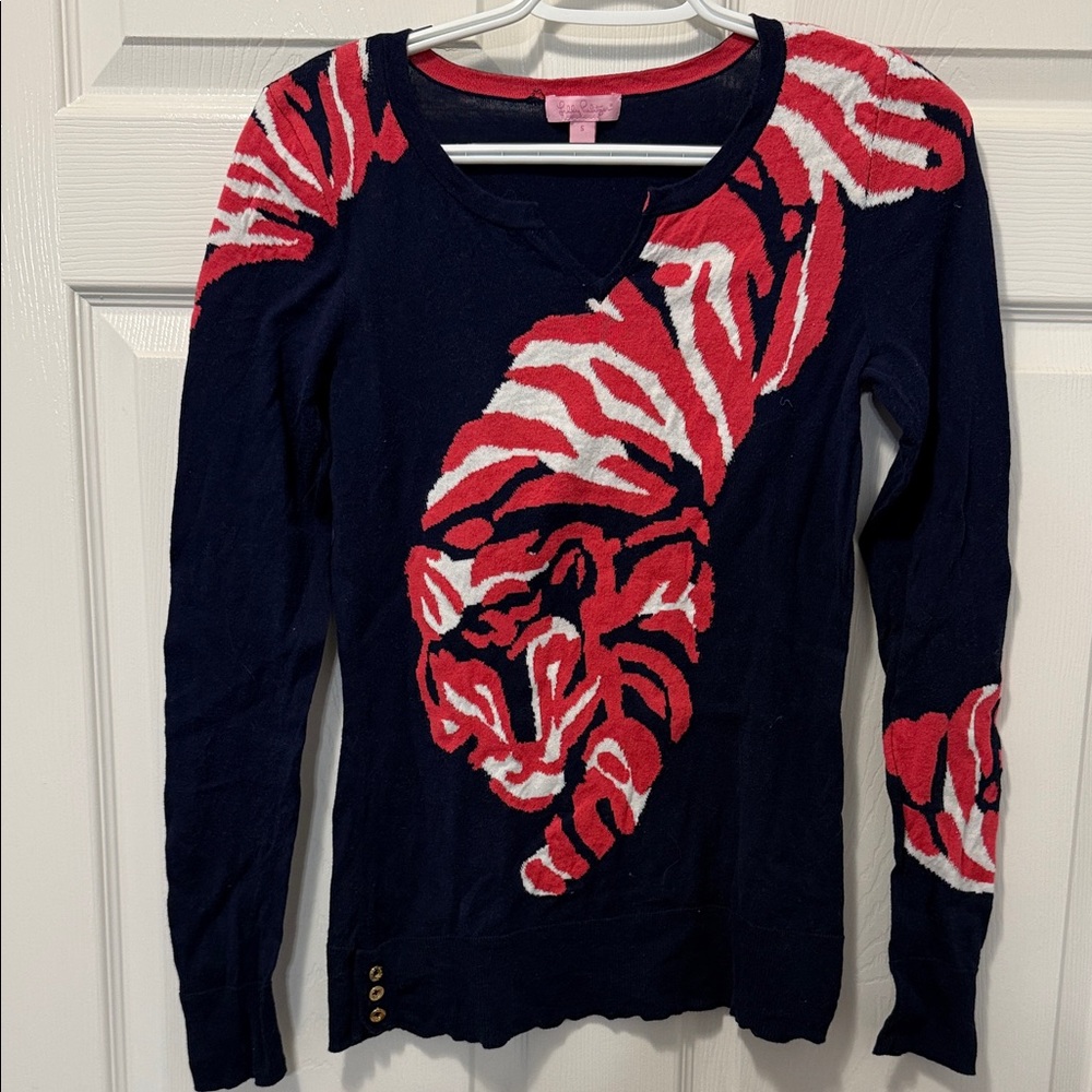 Lilly Pulitzer Navy and Coral Tiger Long Sleeve Top